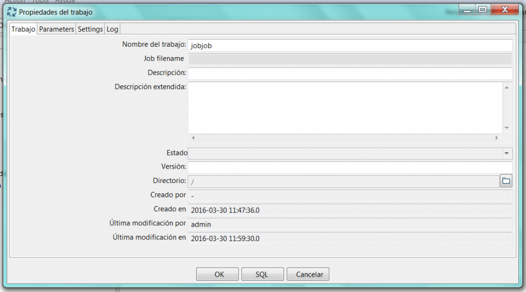 Propiedades job Pentaho